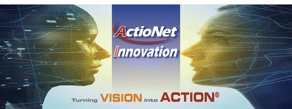 Two high tech faces looking at the ActioNet Innovation Logo