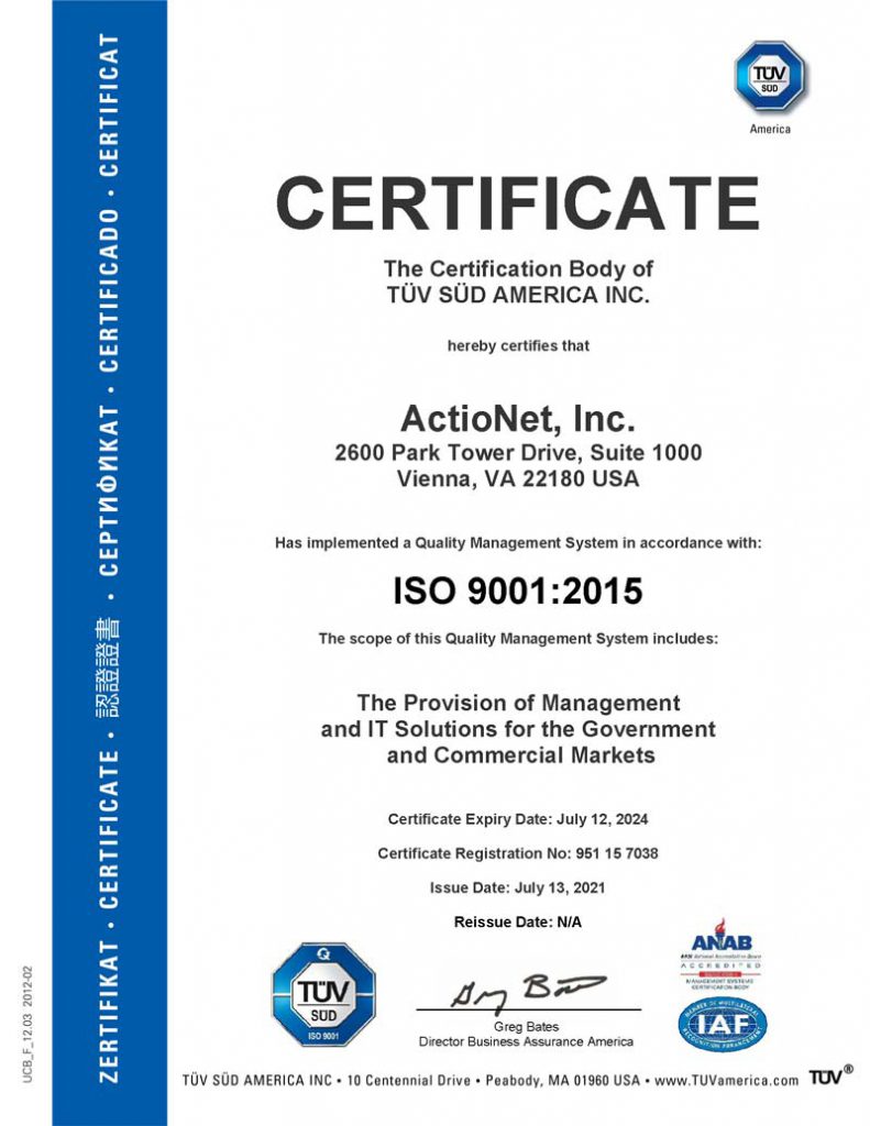 ISO 9001 Certification for ActioNet
